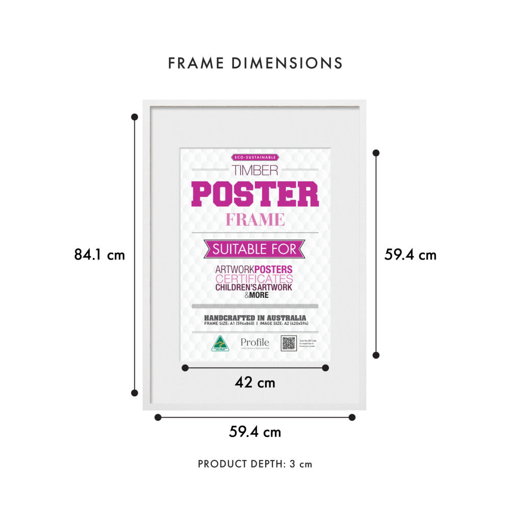 Front view of a white timber poster frame showing frame dimensions: 59.4cm width, 84.1cm height, 42cm inner width, and 3cm depth.