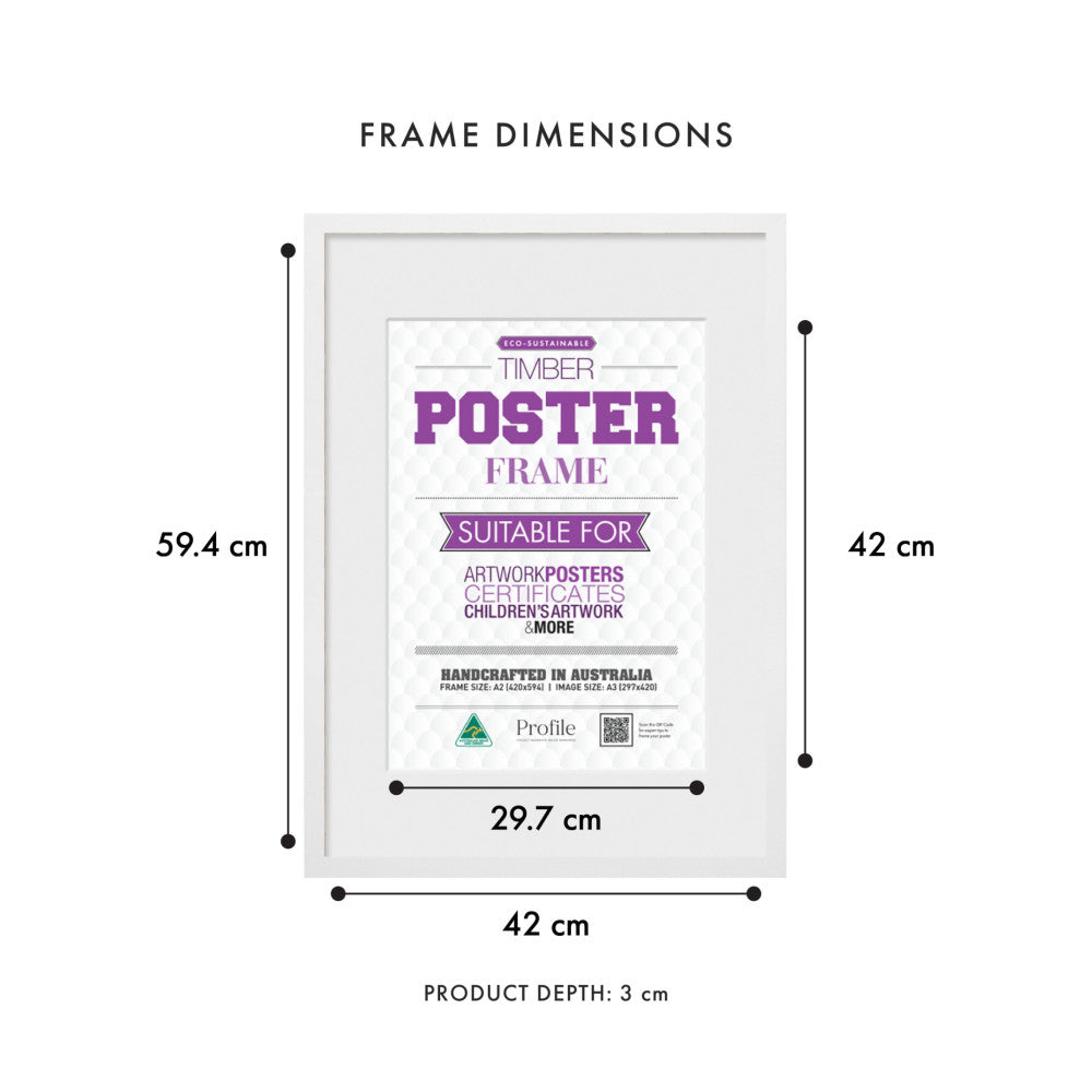 Front view of white timber poster frame displaying dimensions: 42cm width, 59.4cm height, 3cm depth, with A2 poster inside.