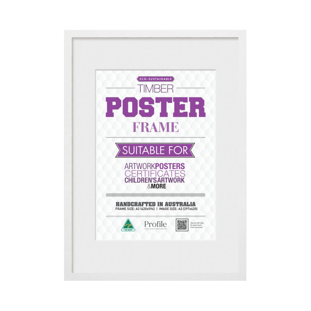 White timber poster frame displaying eco-sustainable product information card with purple text and logos on white background.