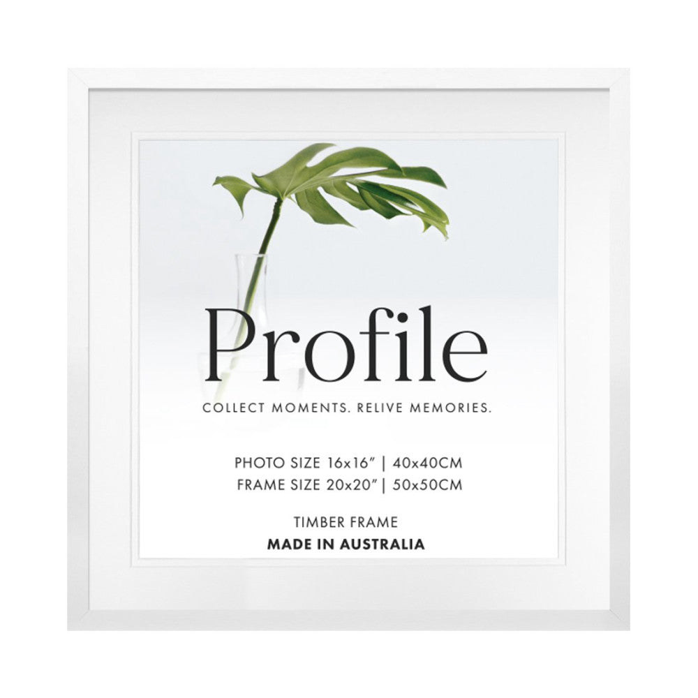 Front view of a white timber photo frame displaying product branding, tagline, and specifications with a green plant illustration.