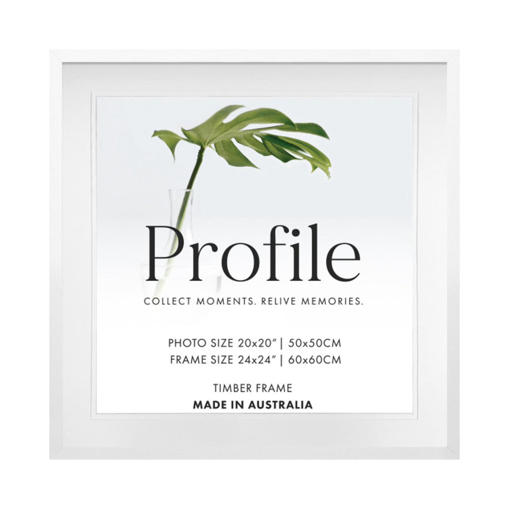 White timber photo frame with mat displaying "Profile" branding, tagline, and product specifications with decorative green leaf stem illustration.
