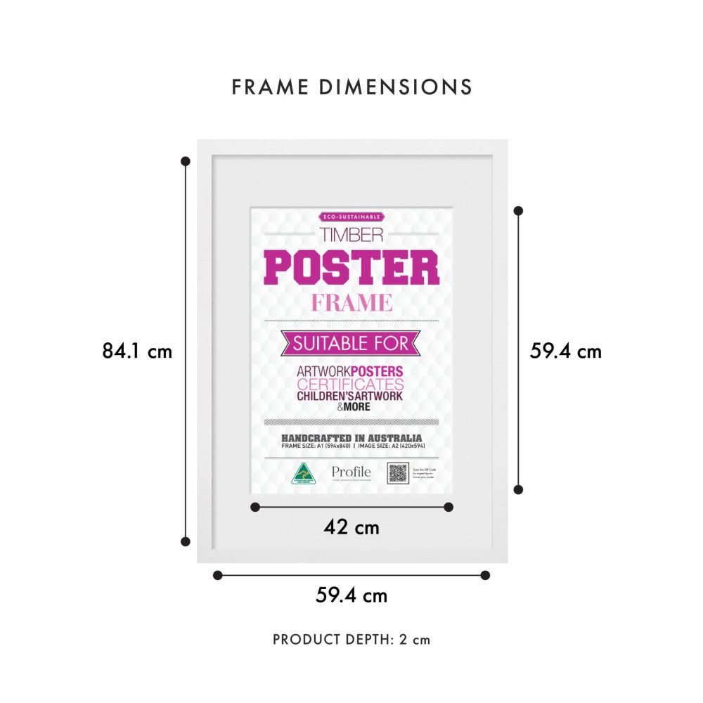 Front view of white timber poster frame showing dimensions: 59.4cm width, 84.1cm height, 42cm inner width, with 2cm depth labeled.