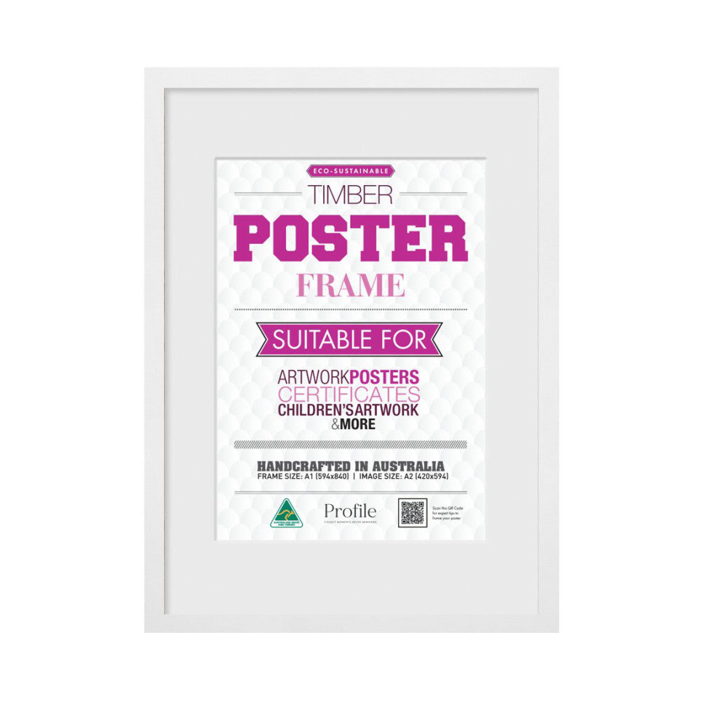 White timber poster frame displaying product information card with pink and purple text on white background, shown at front angle.