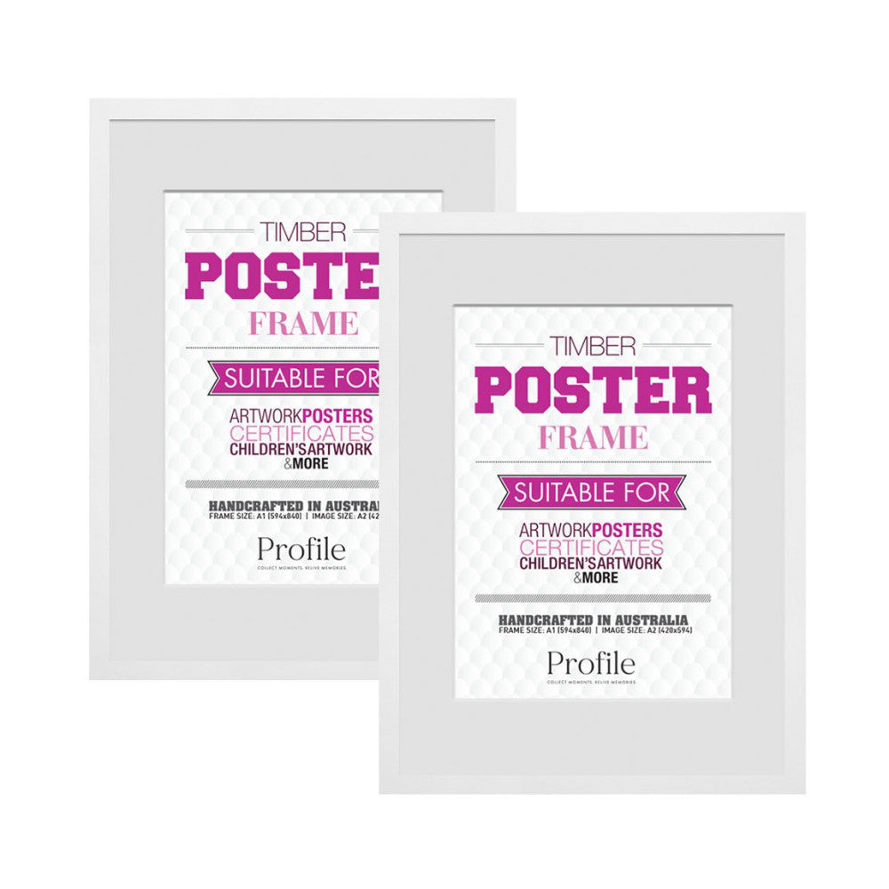 Two white timber poster frames displayed side by side, showing front-facing view with product branding and specifications visible on packaging labels.