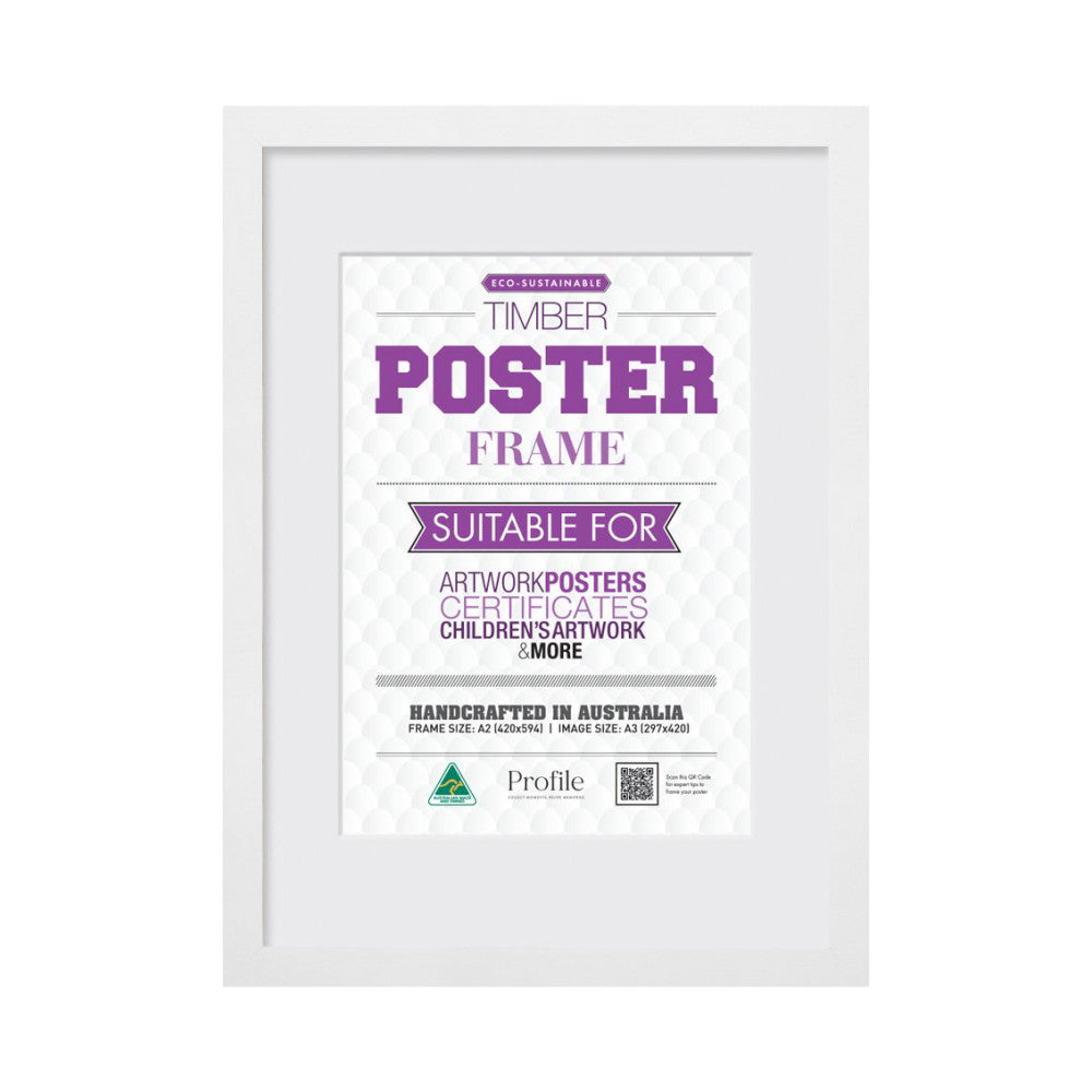 White timber poster frame displayed front-on, showing product label and specifications for A2/A3 artwork display.