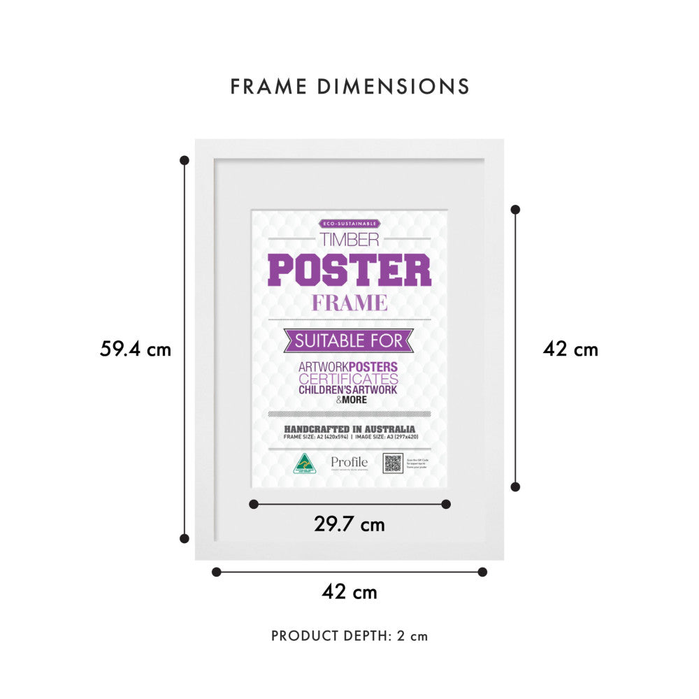 Front view of white timber poster frame showing dimensions: 42cm width, 59.4cm height, 29.7cm inner width, with 2cm depth.
