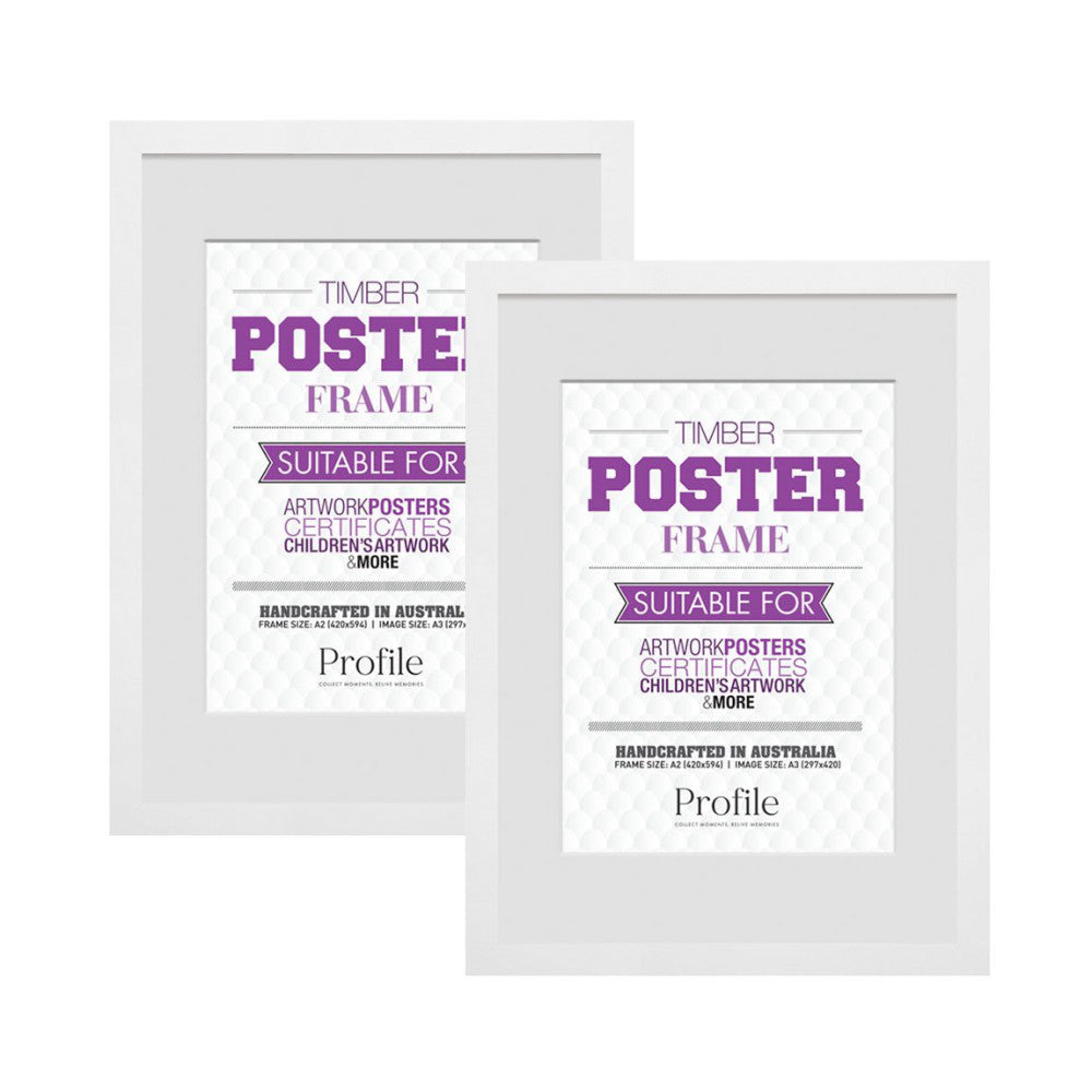 Two white timber poster frames displayed side-by-side showing A2 and A3 sizes with purple text and branding details visible on the packaging inserts.