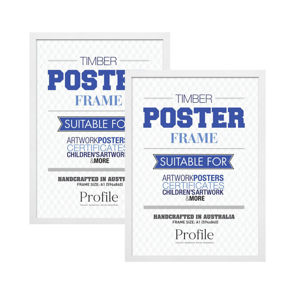 Two white timber poster frames displayed at angles, showing the front packaging design with blue "POSTER FRAME" text and product details.
