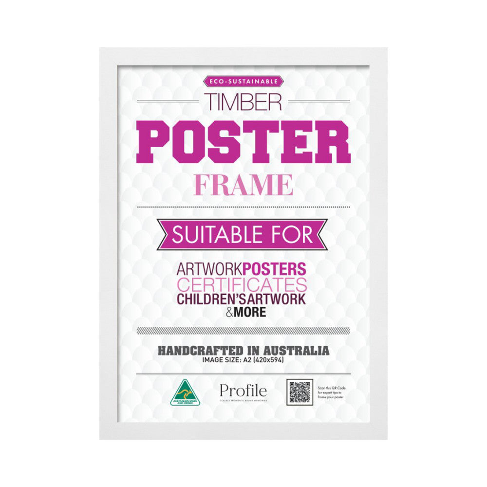 Front view of a white timber poster frame displaying product information and specifications for eco-sustainable framing.