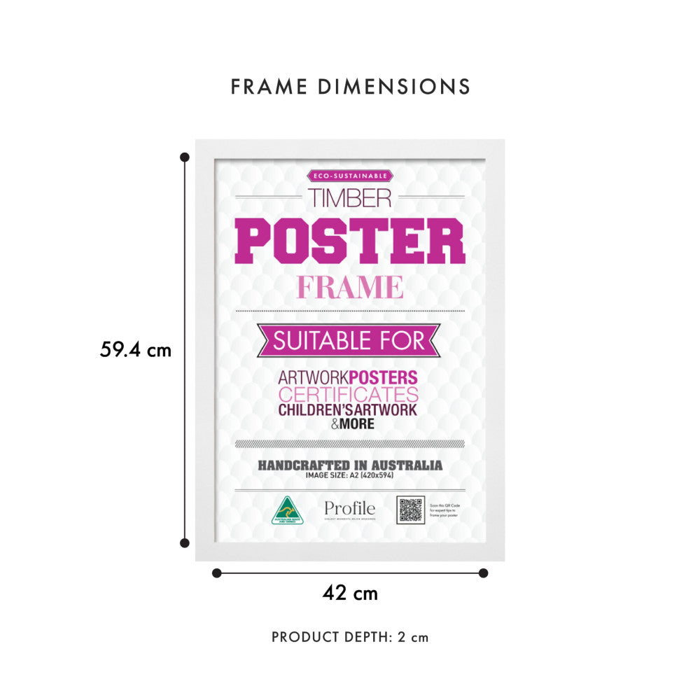 Front view of a white timber poster frame showing dimensions: 42cm width, 59.4cm height, 2cm depth, with a sample poster displayed inside.