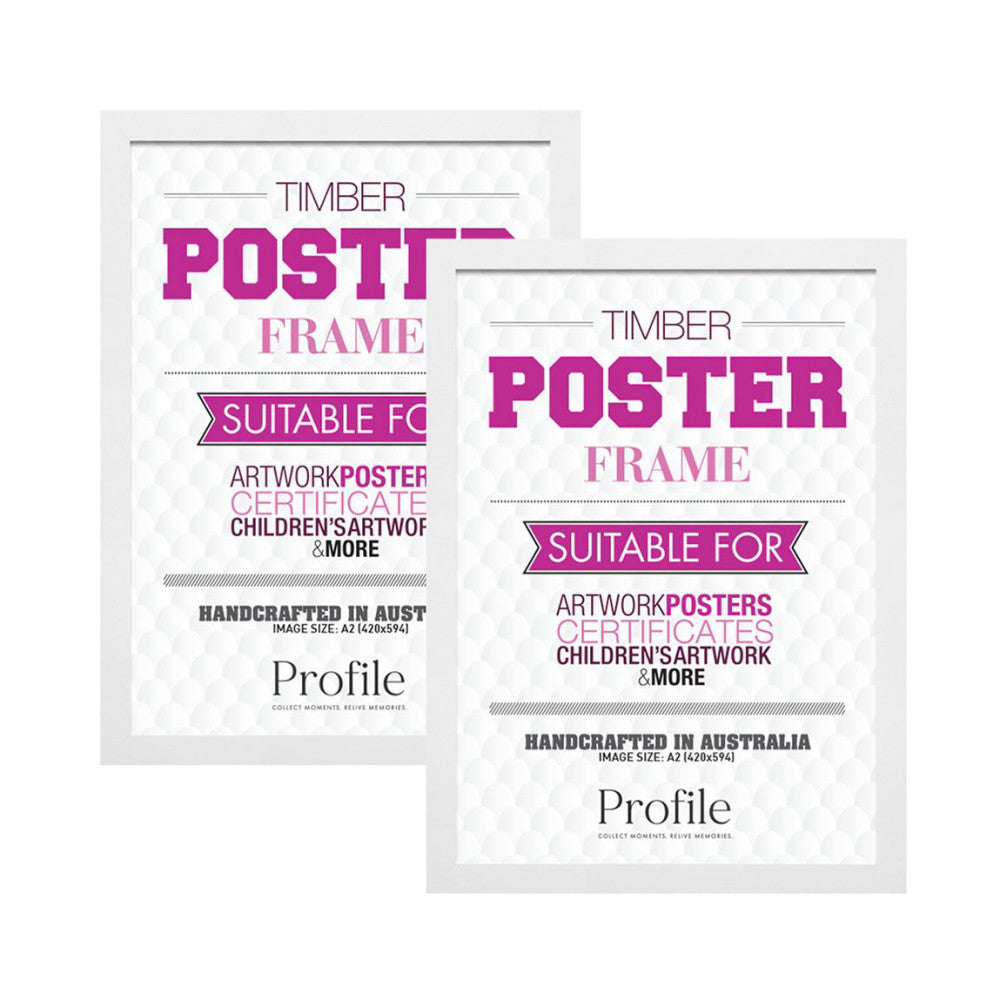 Two white timber poster frames displayed at angles, showing magenta and pink text design for artwork and certificates.