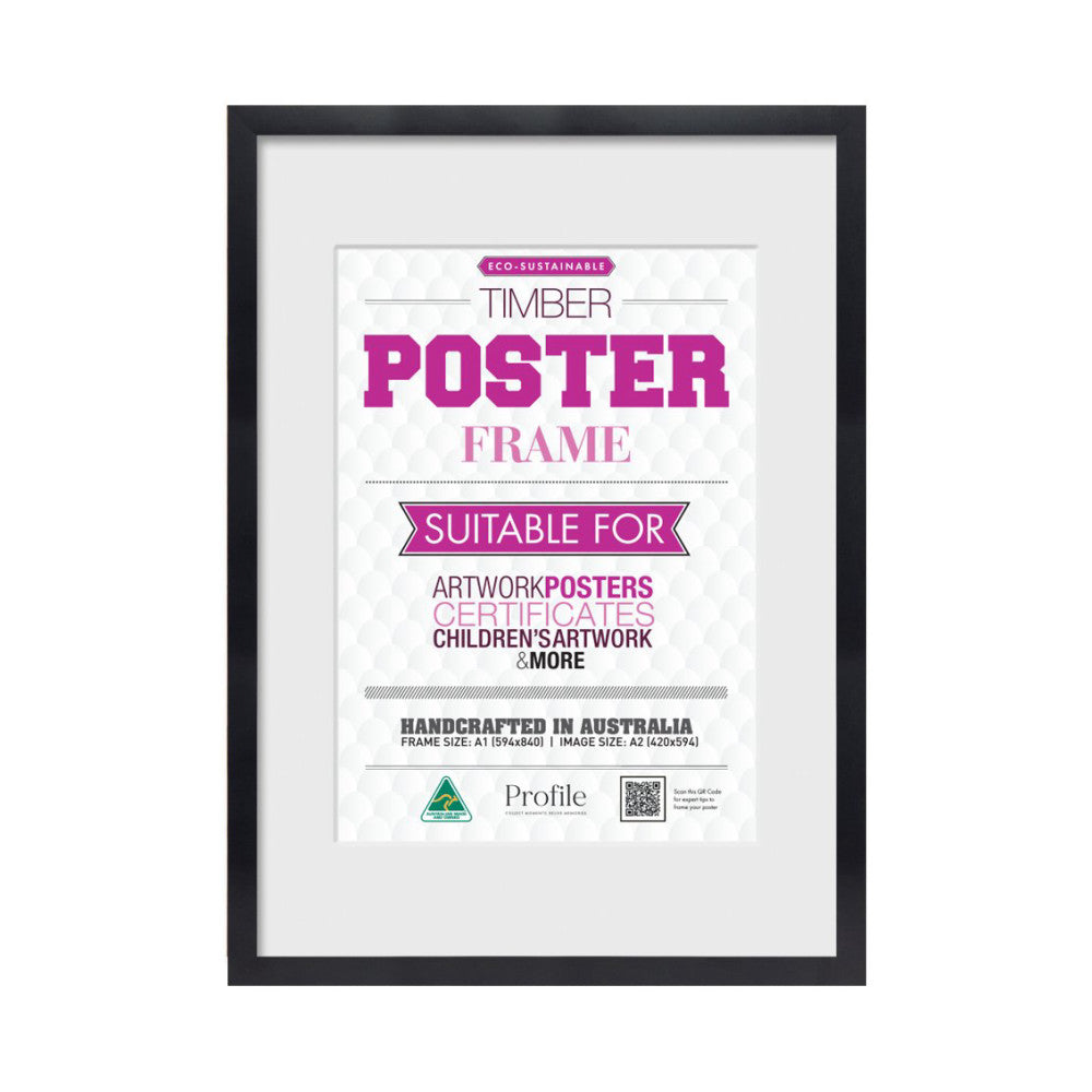 Black timber poster frame with white mat board displaying product information for eco-sustainable A1 frame, front view.