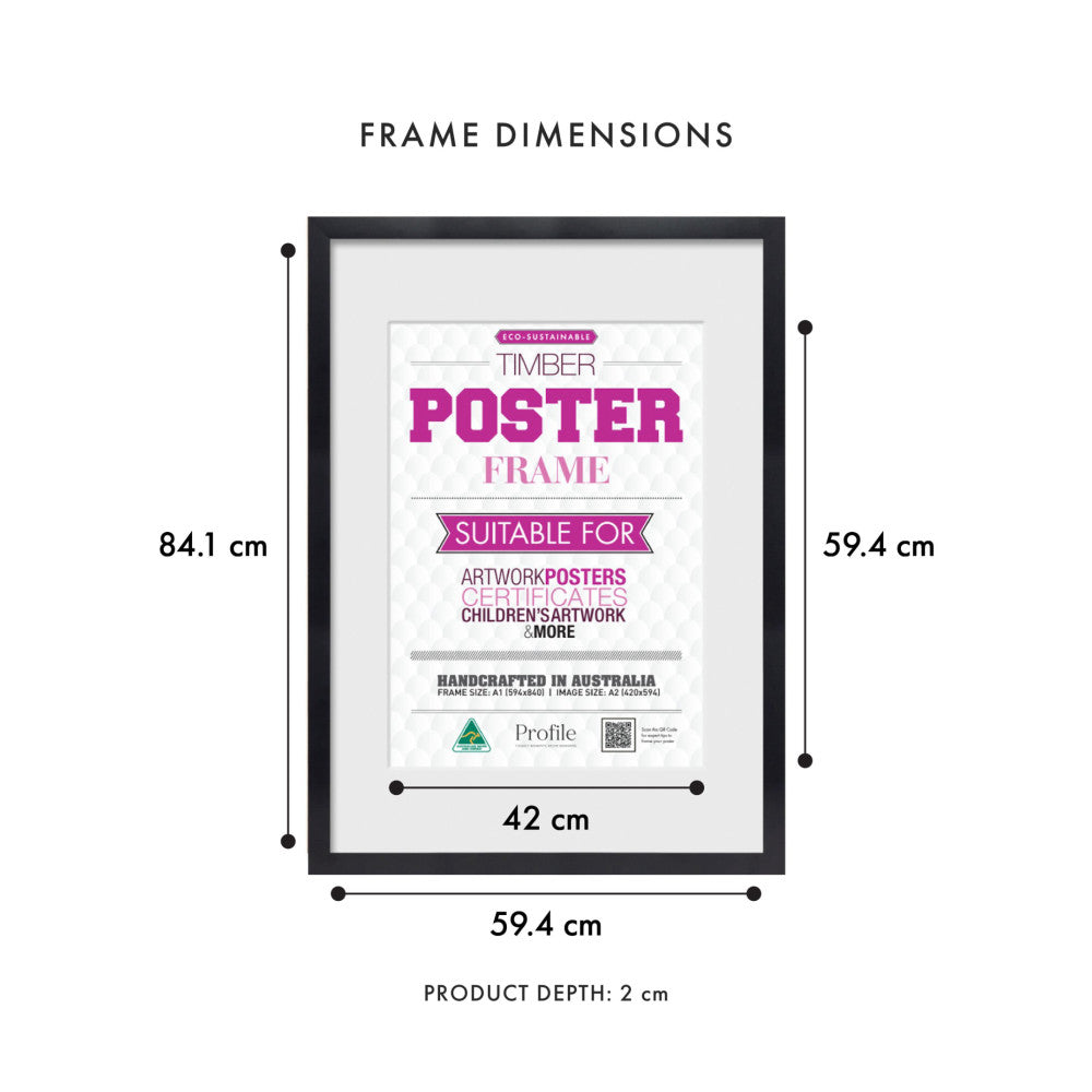 Front view of black timber poster frame showing dimensions: 59.4cm width, 84.1cm height, 2cm depth, with sample poster displayed inside.