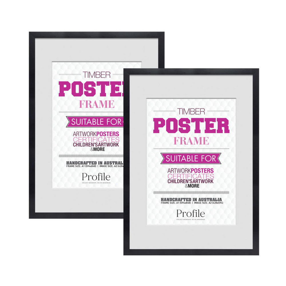 Two black timber poster frames displayed overlapping, showing front-facing view with white mat boards and sample poster designs inside.