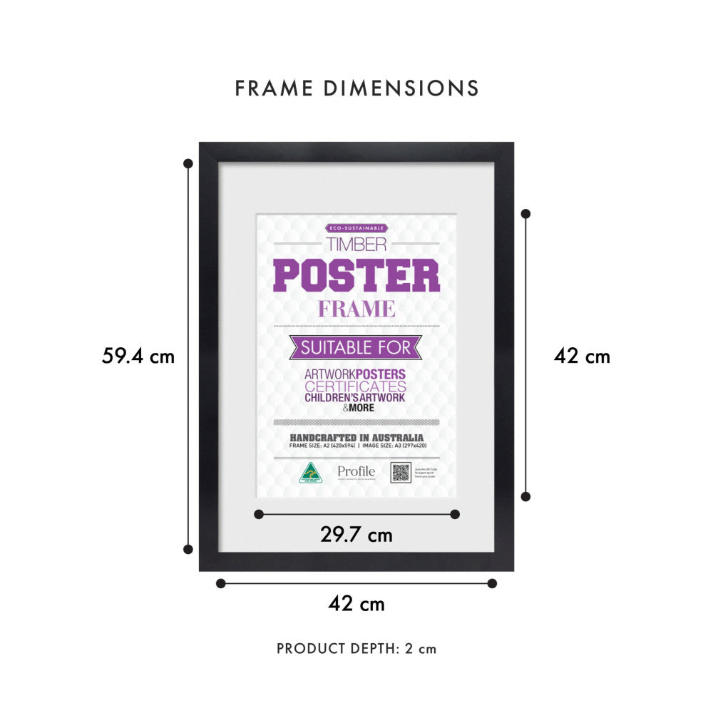 Front view of black timber poster frame showing dimensions: 42cm width, 59.4cm height, 2cm depth, with sample poster displayed inside.