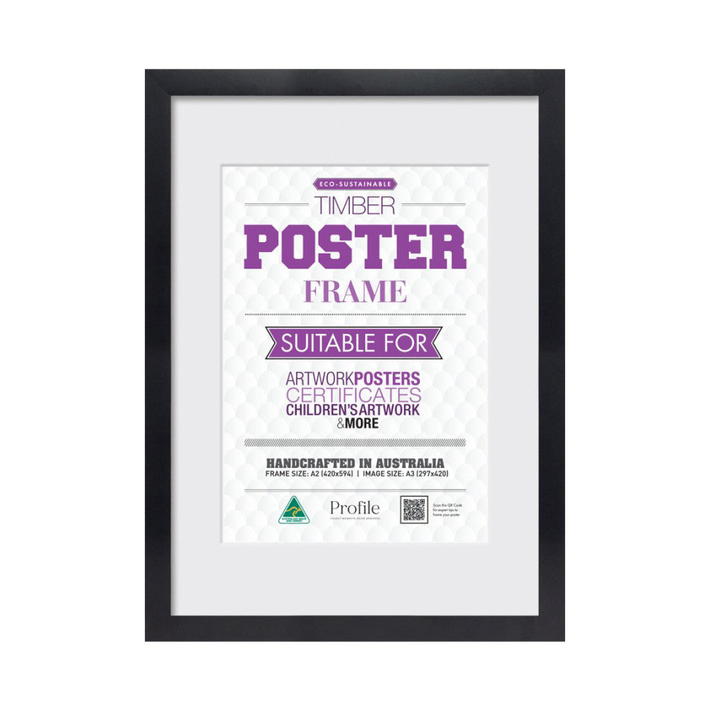 Front view of a black timber poster frame displaying product information about eco-sustainable frame specifications and features.