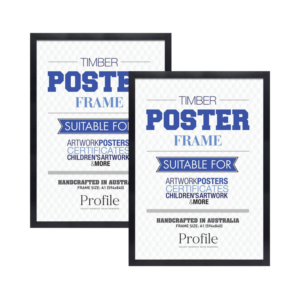 Two black timber poster frames displayed overlapping, showing white mat inserts with blue text describing frame specifications and suitability for artwork and certificates.