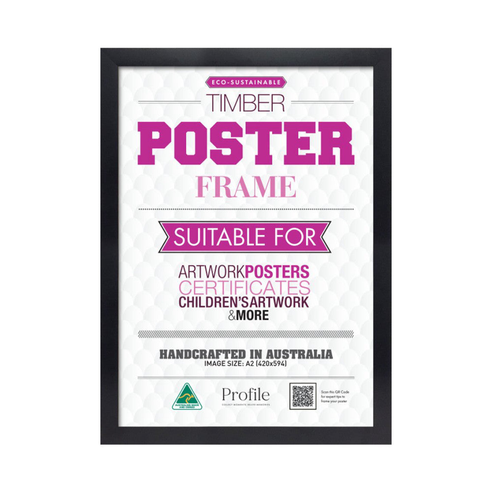 Front view of a black timber poster frame with white mat displaying product information for A2 size artwork, handcrafted in Australia.