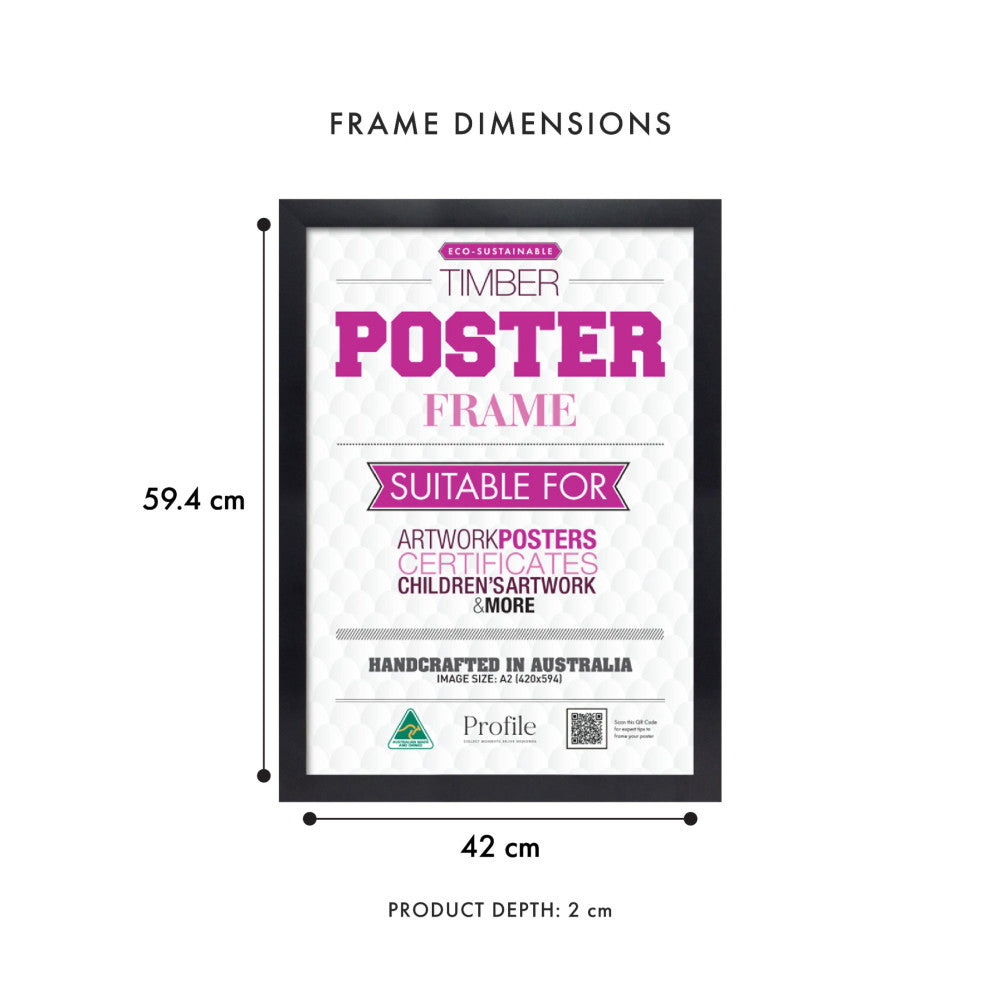 Front view of black timber poster frame showing dimensions: 42cm width, 59.4cm height, 2cm depth, with A2 poster displayed inside.