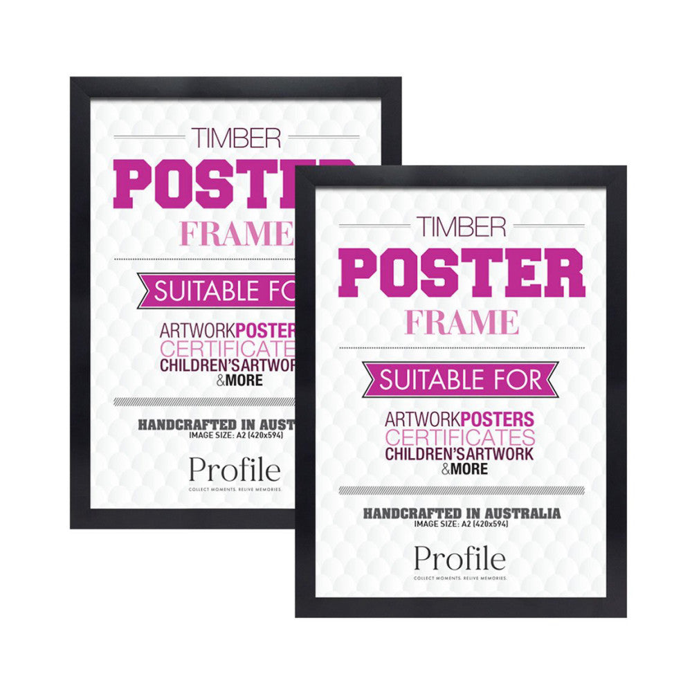 Two black timber poster frames displaying product information, overlapped at an angle to show front and side views.