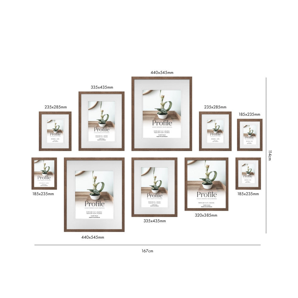 Flat lay diagram of 10 chestnut-framed picture frames in various sizes with labeled dimensions, displayed on white background showing overall gallery wall layout.