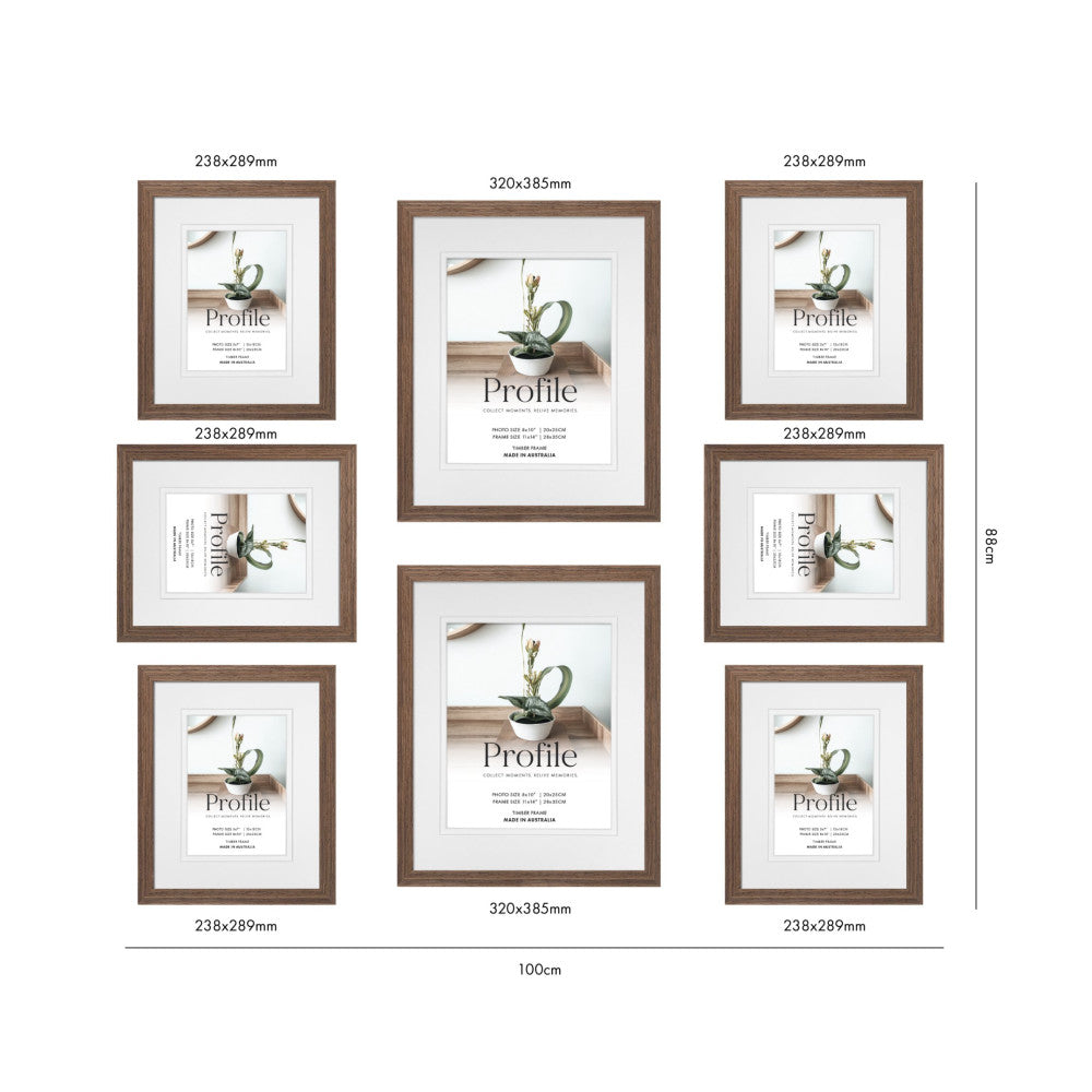 Eight brown wooden frames arranged in a gallery wall layout with dimensions labeled, displaying botanical plant artwork and text reading "Profile".