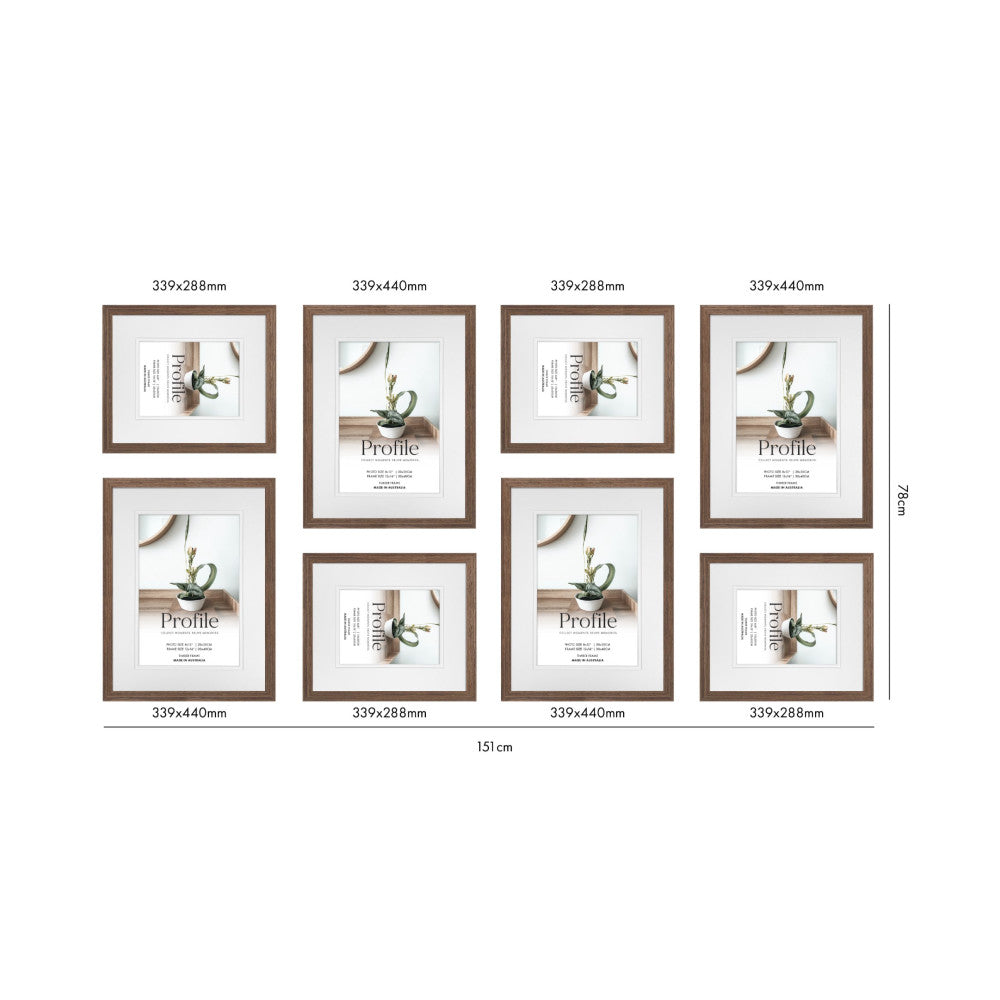Eight brown wooden frames arranged in a gallery wall layout, showing frame dimensions and total width of 151 cm with height of 78 cm.