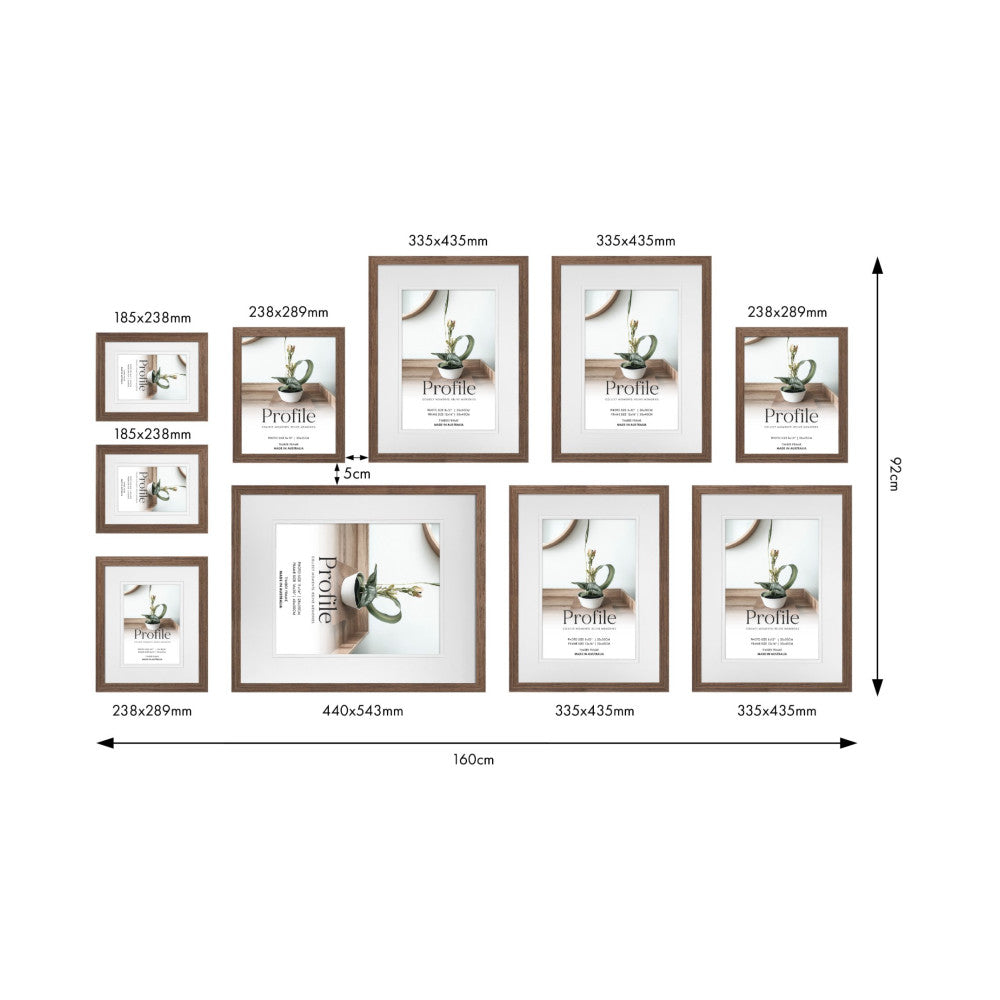 Overhead layout diagram showing 10 brown frames of varying sizes arranged on a wall, with dimensions labeled for each frame and total display area.