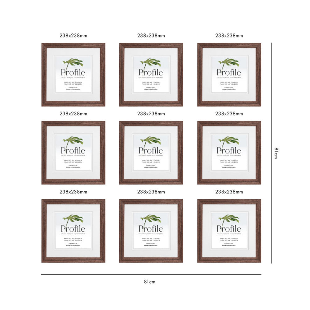 Nine brown wooden frames arranged in a 3x3 grid, each measuring 238x238mm, displaying overall dimensions of 81cm width and 218cm height.