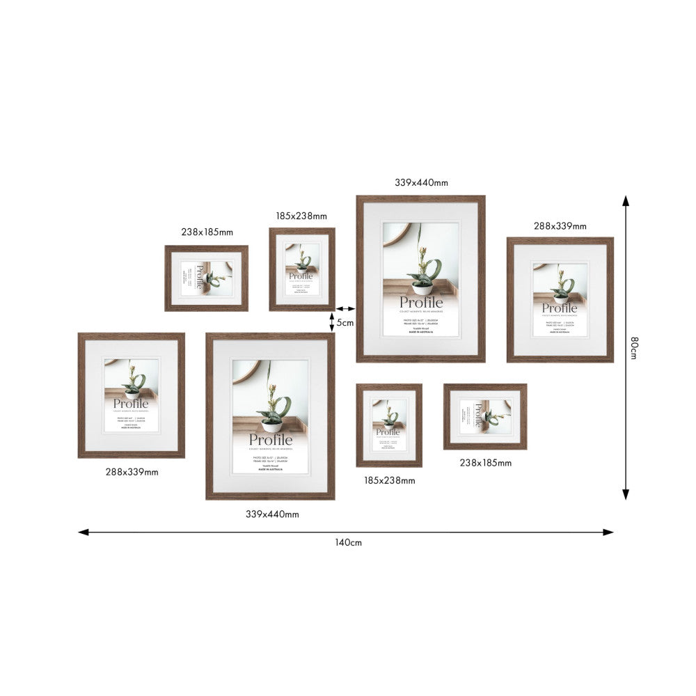 Overhead layout view of 8 brown wooden frames in various sizes arranged on white background with dimension labels and spacing measurements.