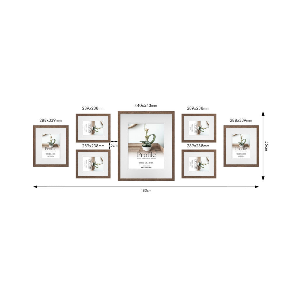 Overhead dimensional diagram showing frame placement and measurements for a 7-piece gallery wall set with botanical plant imagery.