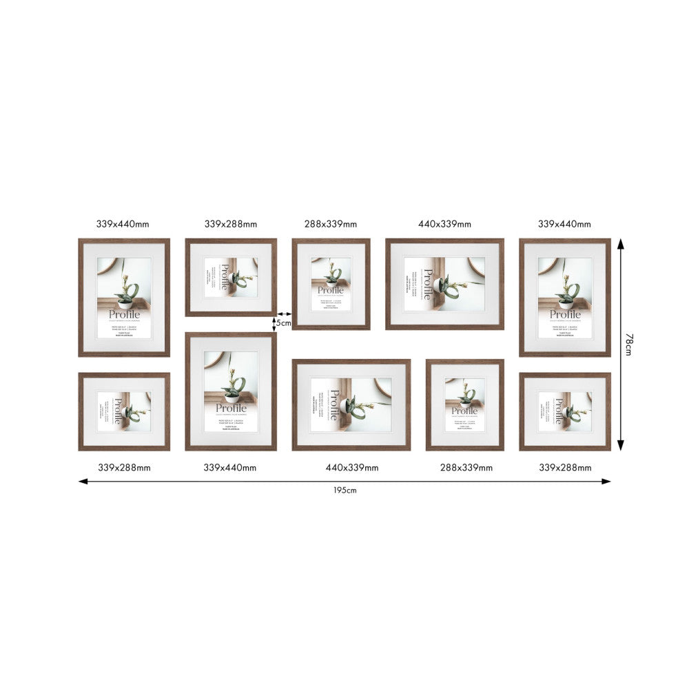 Overhead layout view of 10 wooden frames in various sizes with dimensions labeled, arranged to show total gallery wall composition of 195cm width and 78cm height.