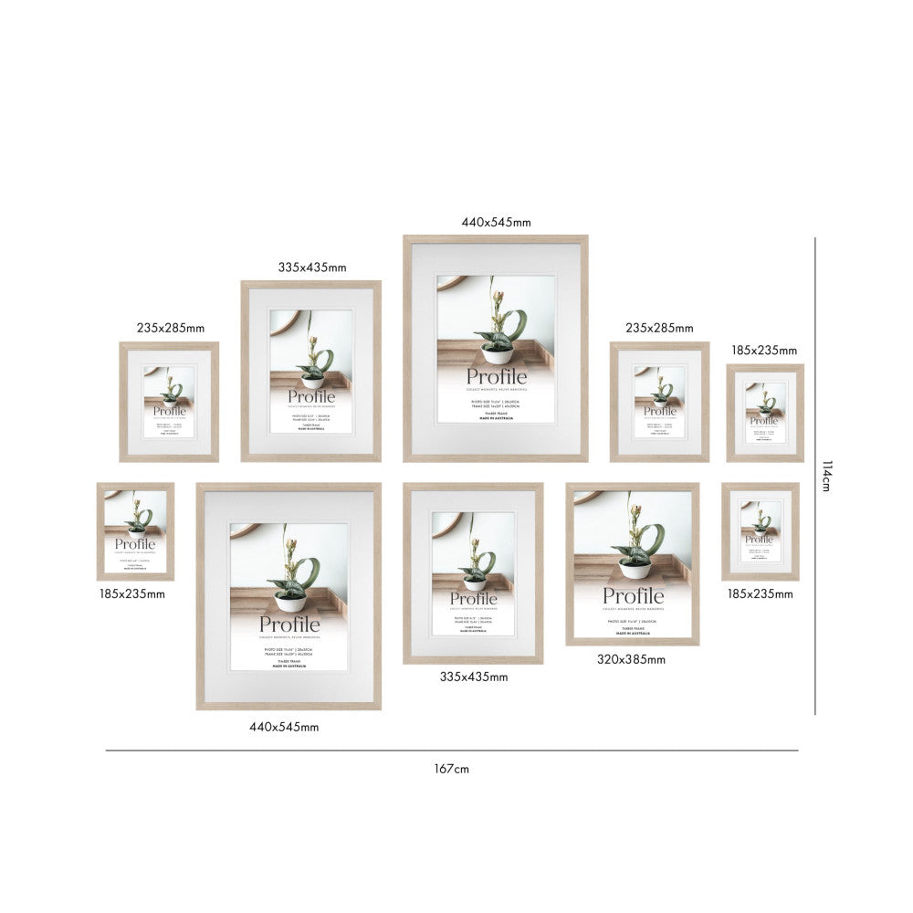 Flat lay diagram showing 10 wooden frames in various sizes arranged on a white background with measurements labeled for each frame.