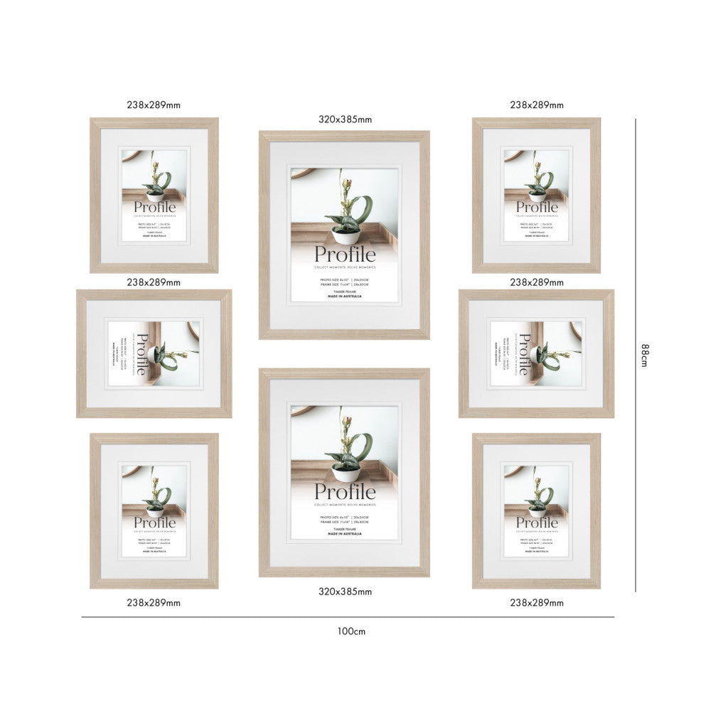 Flat lay diagram showing 8 framed Profile gallery wall set with dimensions and layout specifications for arrangement.