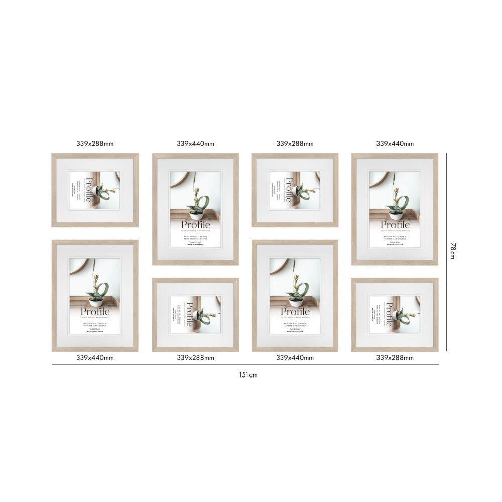 Overhead layout view of 8 framed artworks in natural wood frames showing dimensions and total wall space of 151cm width and 78cm height.