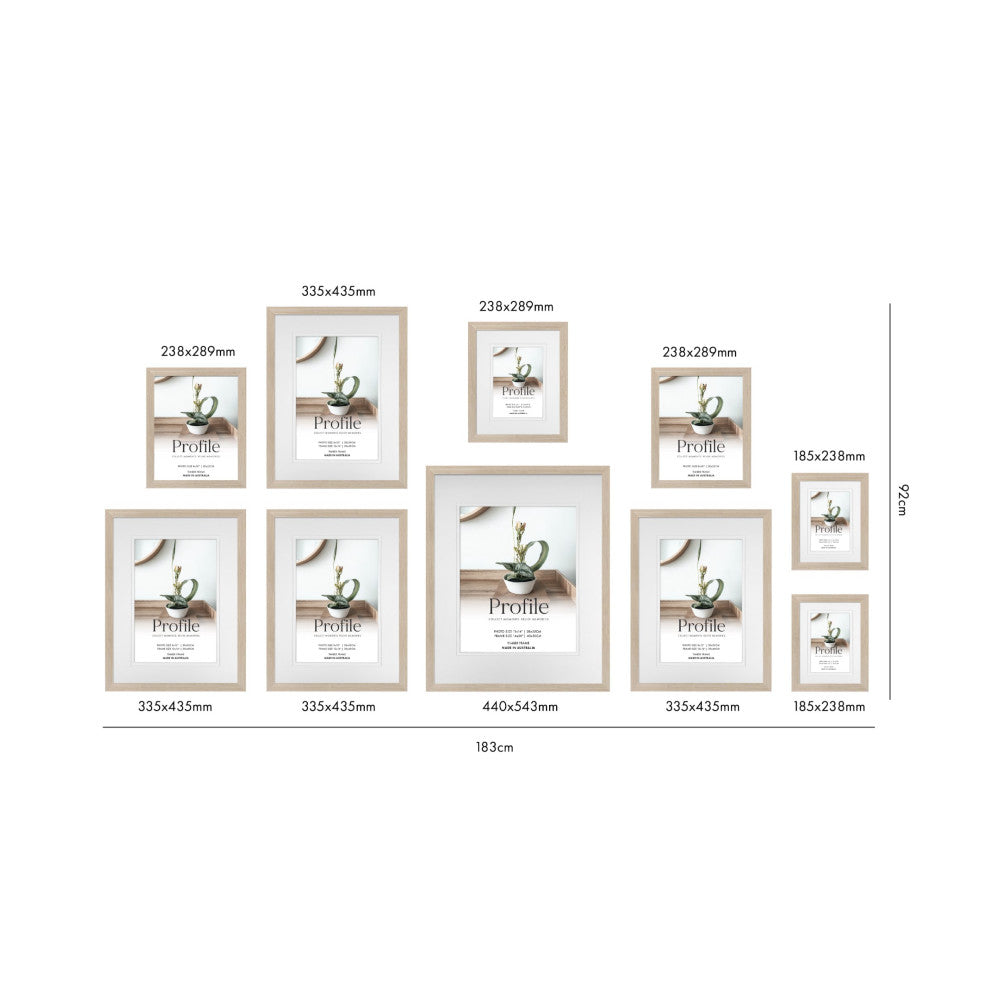 Size comparison chart showing 10 wooden frames in various dimensions from 185x238mm to 440x543mm arranged horizontally with measurements labeled.