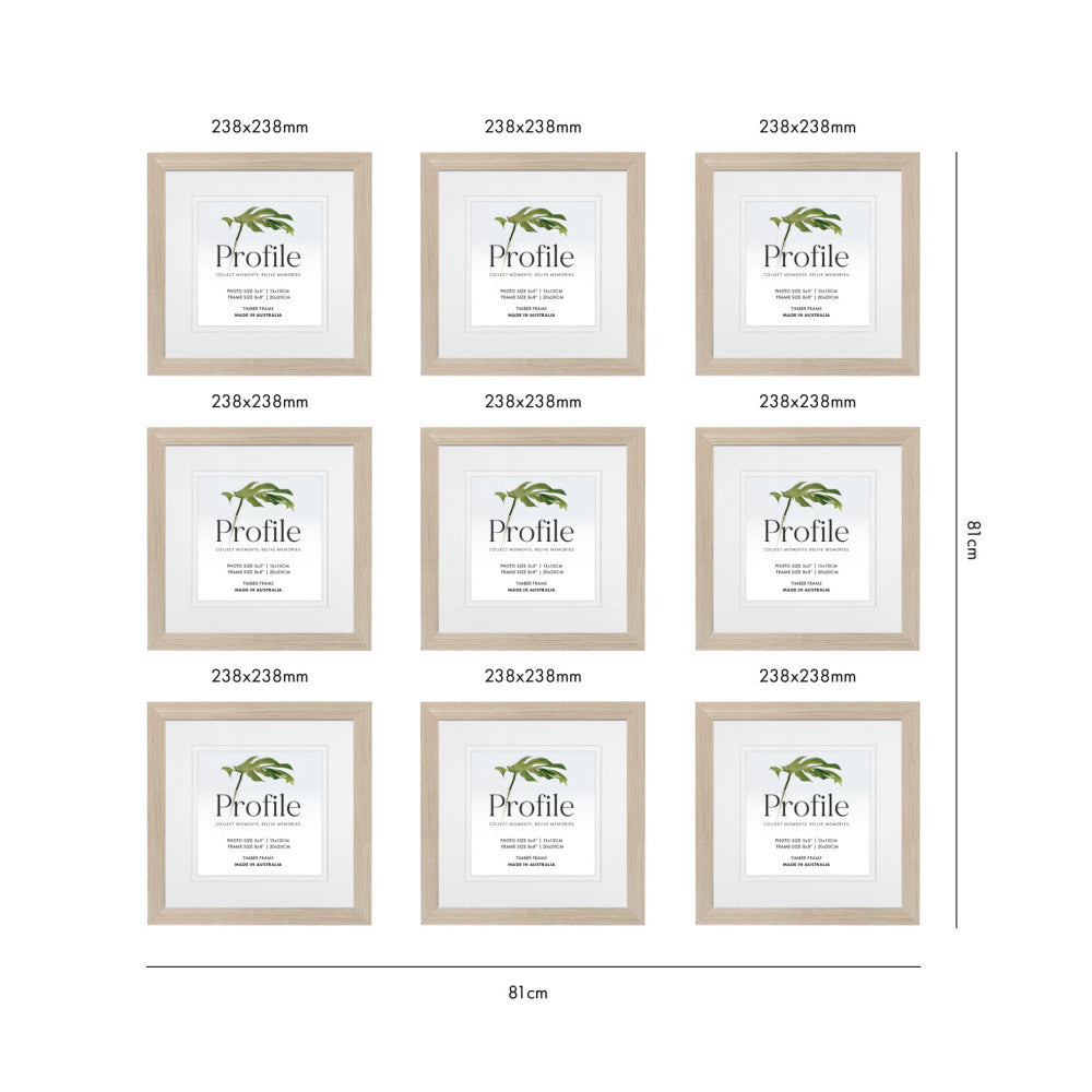 Nine wooden frames arranged in a 3x3 grid layout with dimensions labeled, showing overall width of 81cm and height of 814cm.