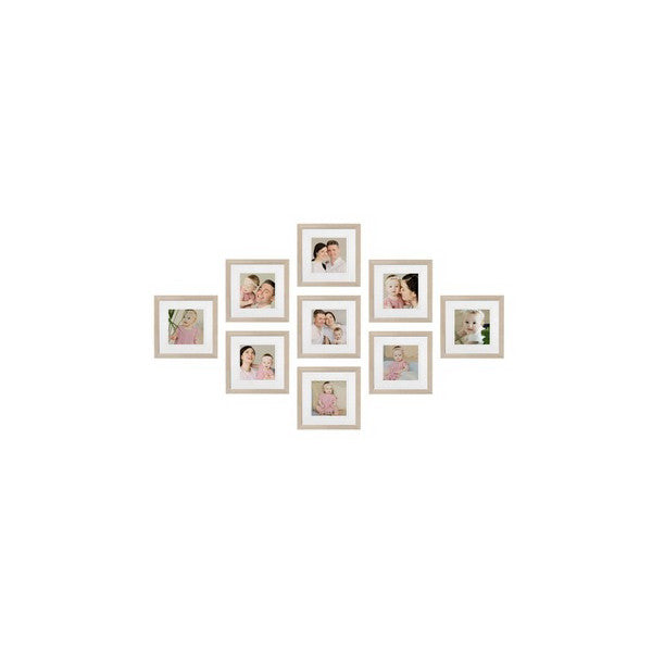 Nine light wood frames arranged in a gallery wall pattern, each displaying family portrait photos on white background.