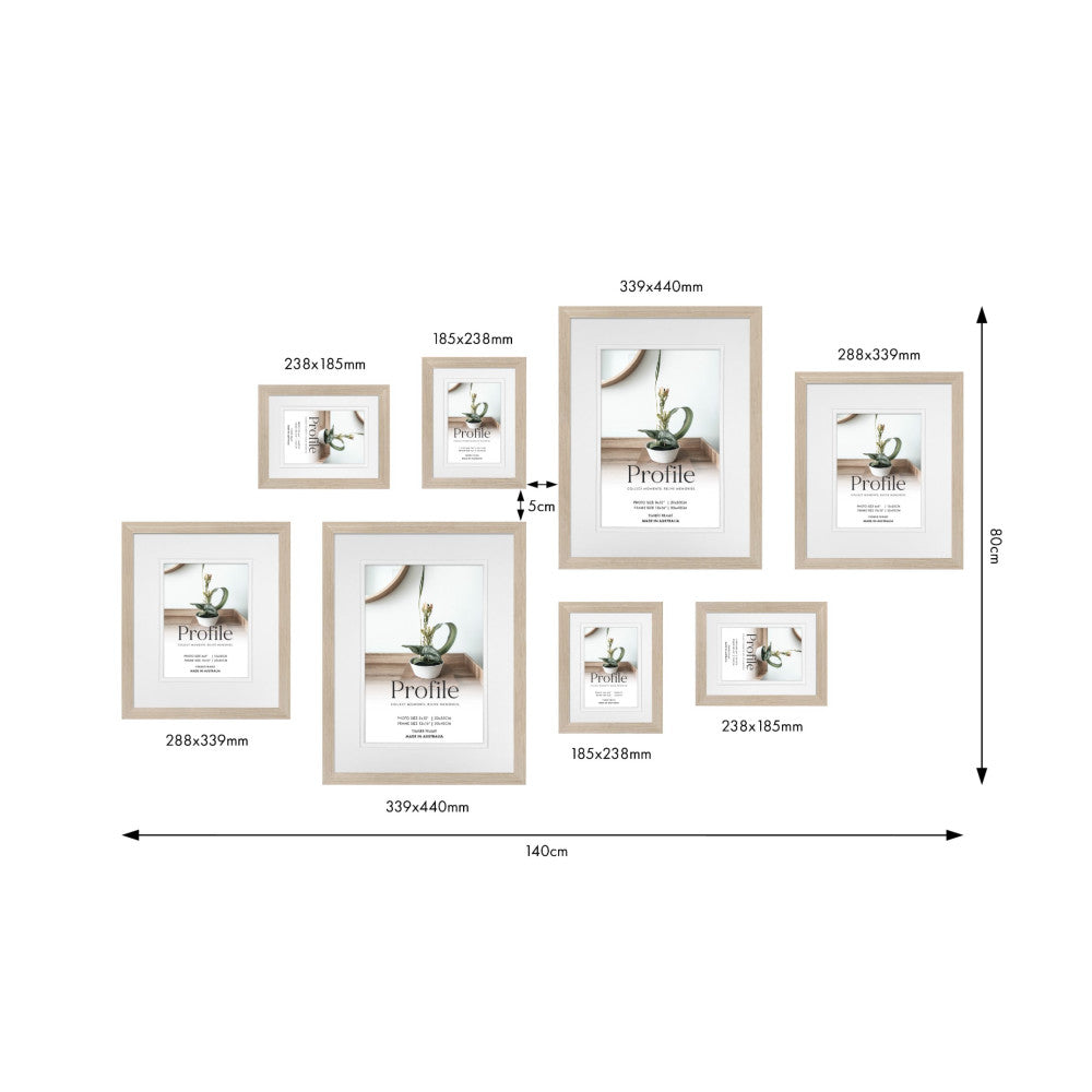 Overhead diagram showing 8 wooden frames in various sizes arranged on a white background with dimensions labeled for each frame and overall wall space.