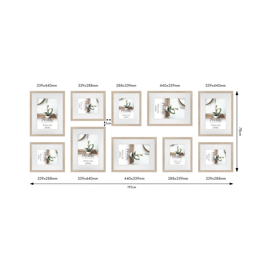 Overhead layout view of 10 wooden gallery frames in various sizes with dimensions labeled and total wall space measurements shown.