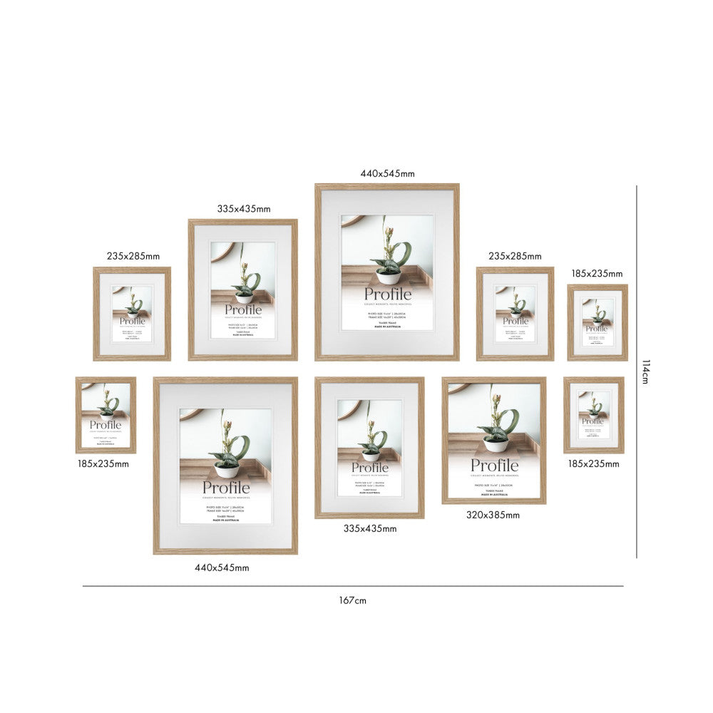 Overhead layout view of ten natural oak picture frames in various sizes displaying a plant photograph, with dimensions labeled for each frame.