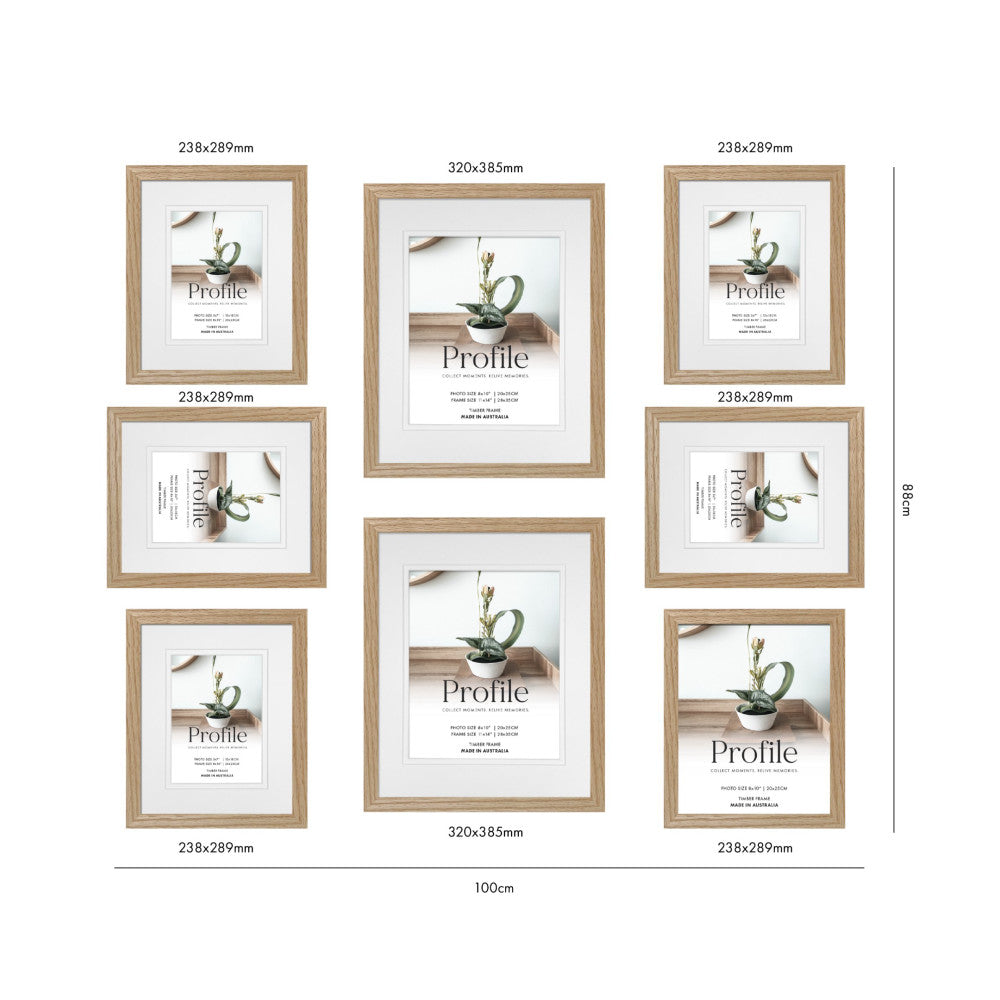 Gallery wall layout diagram showing eight natural oak frames in various sizes arranged on a wall, displaying botanical plant artwork and product specifications.