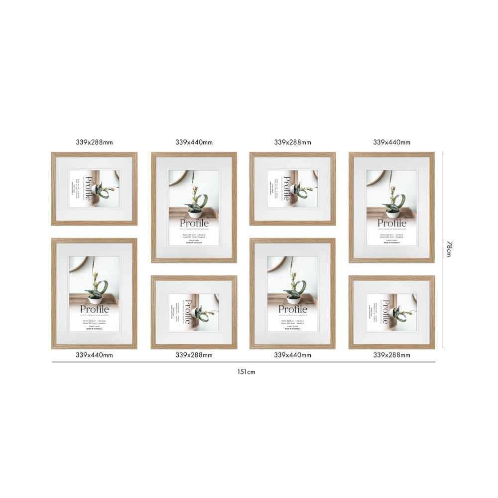 Overhead layout view of eight natural oak frames in two sizes displaying botanical plant imagery with dimensions labeled.