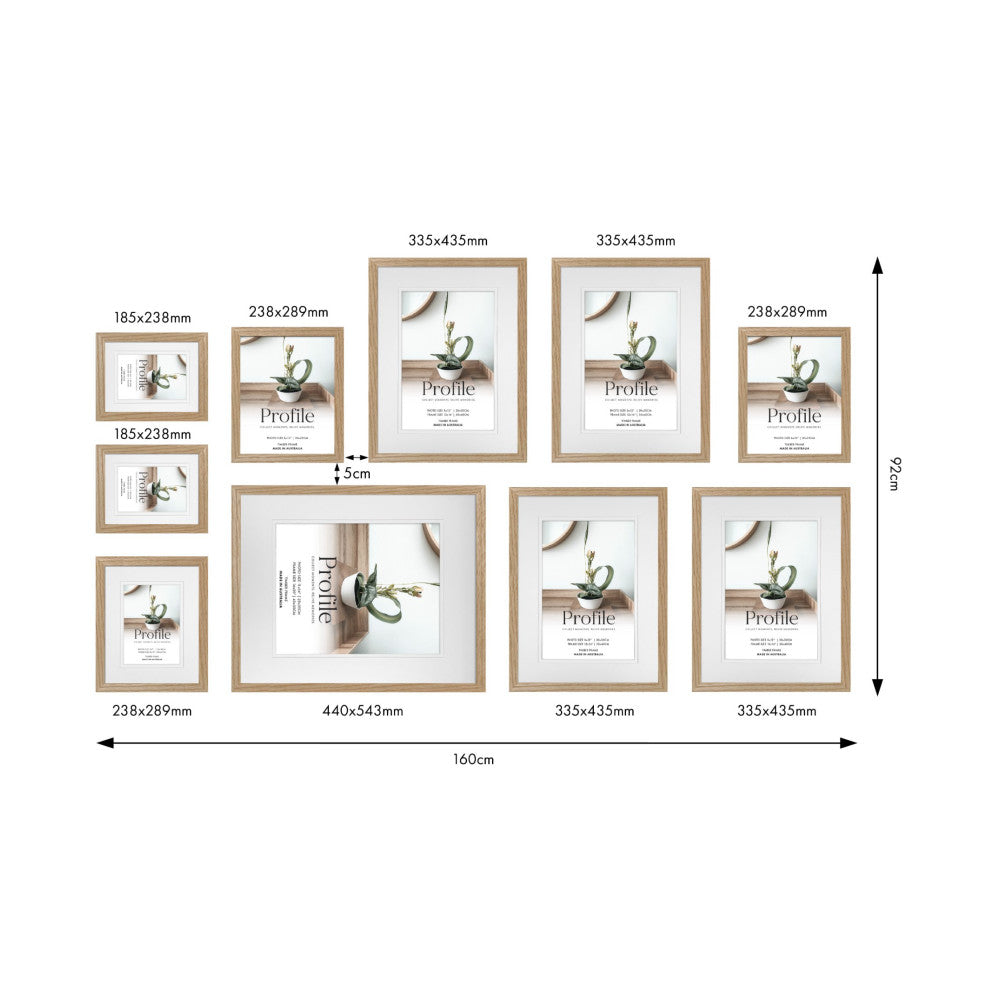 Overhead layout view of 10 wooden frames in various sizes arranged in a gallery wall configuration with dimensions labeled.