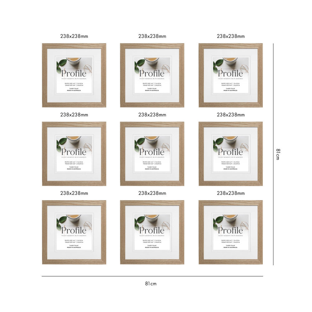 Nine natural oak 238x238mm square frames arranged in a 3x3 grid with dimension measurements labeled, showing overall wall display layout of 81cm width by 714cm height.