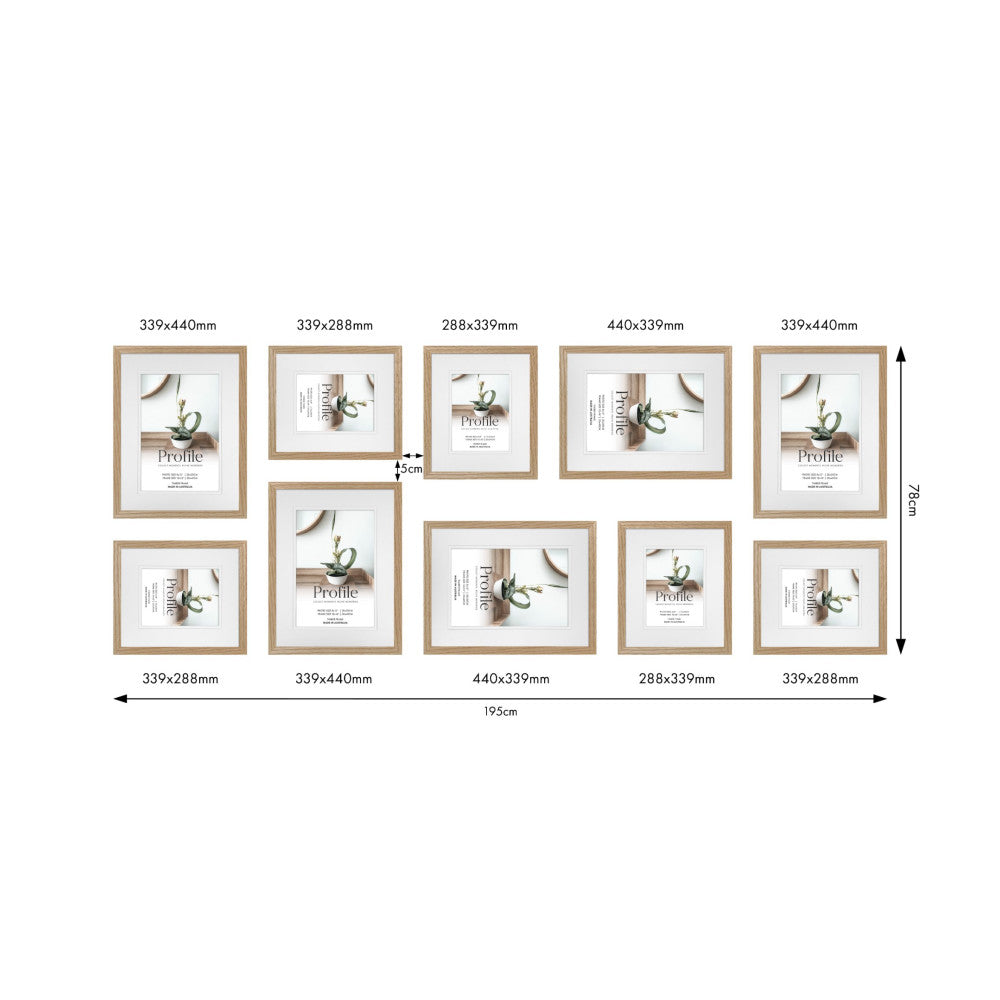 Top-down layout view of 10 wooden frames in various sizes arranged on a white background with dimension measurements labeled.