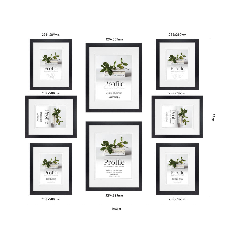 Overhead layout view of 8 black frames in various sizes displaying plant botanical artwork and "Profile" text on white matting.