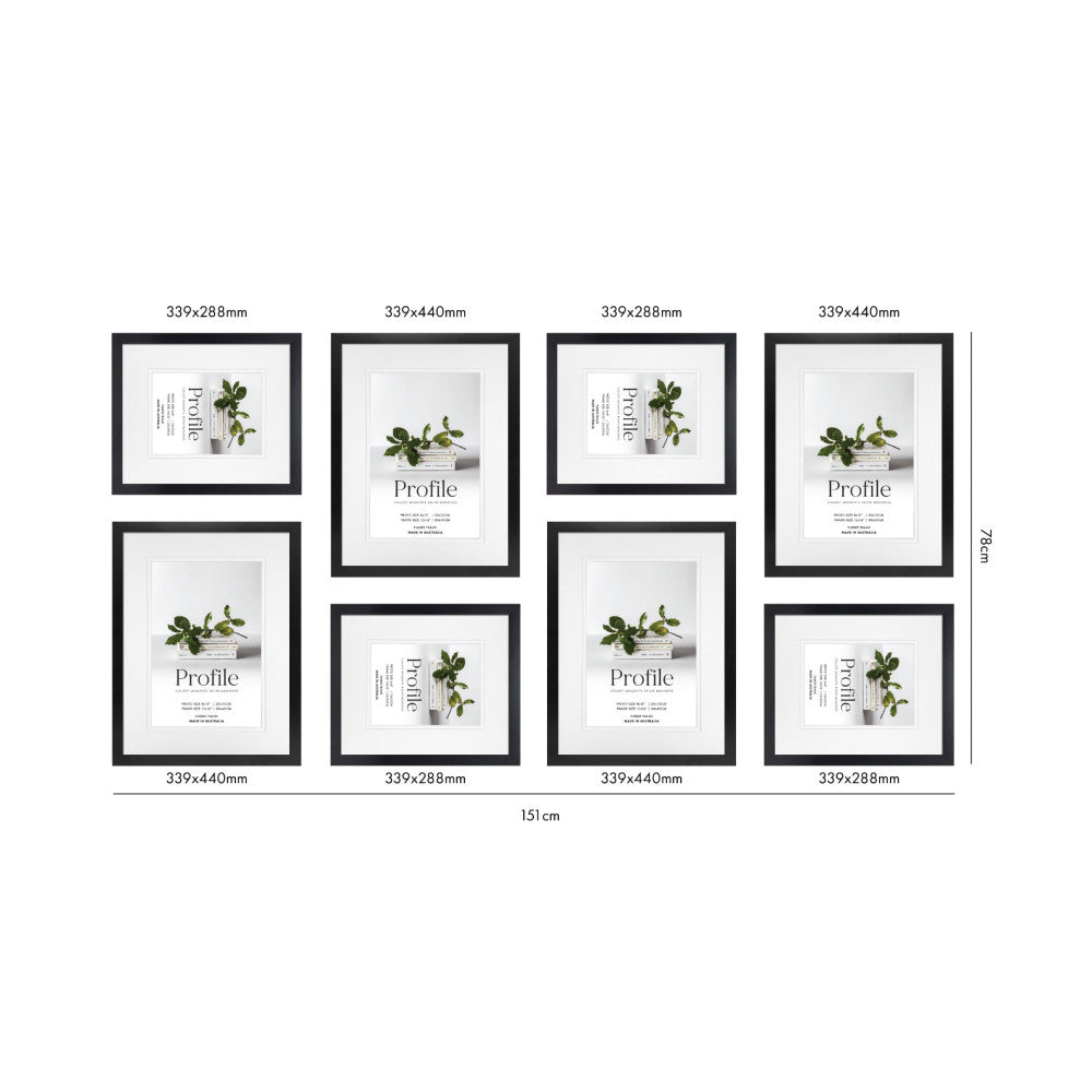 Overhead layout view of 8 black gallery frames in various sizes displaying botanical "Profile" artwork with white matting and dimensions labeled.