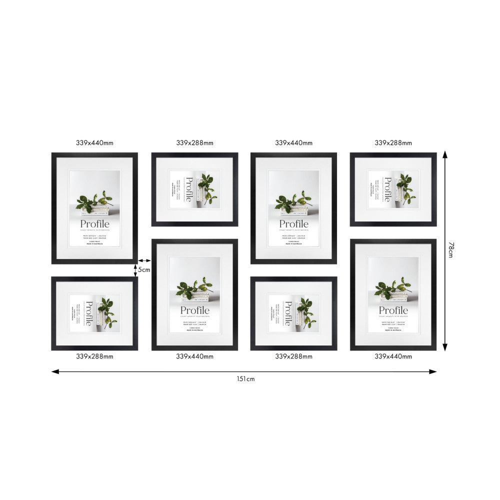 Overhead layout view of 8 black frames in various sizes arranged in a gallery wall configuration with dimensions labeled.