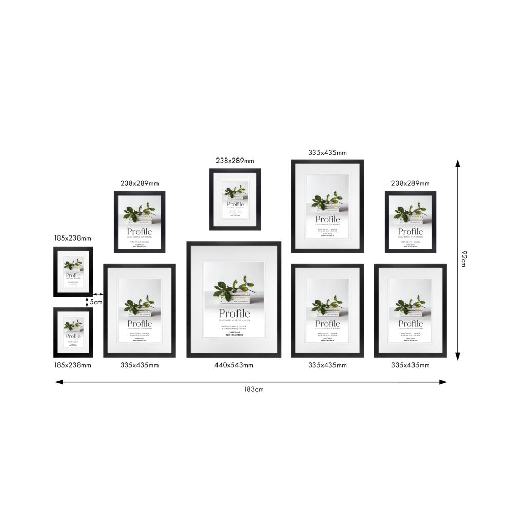 Flat lay diagram showing 10 black frames in various sizes arranged in a gallery wall layout with dimensions labeled and total width of 183cm.
